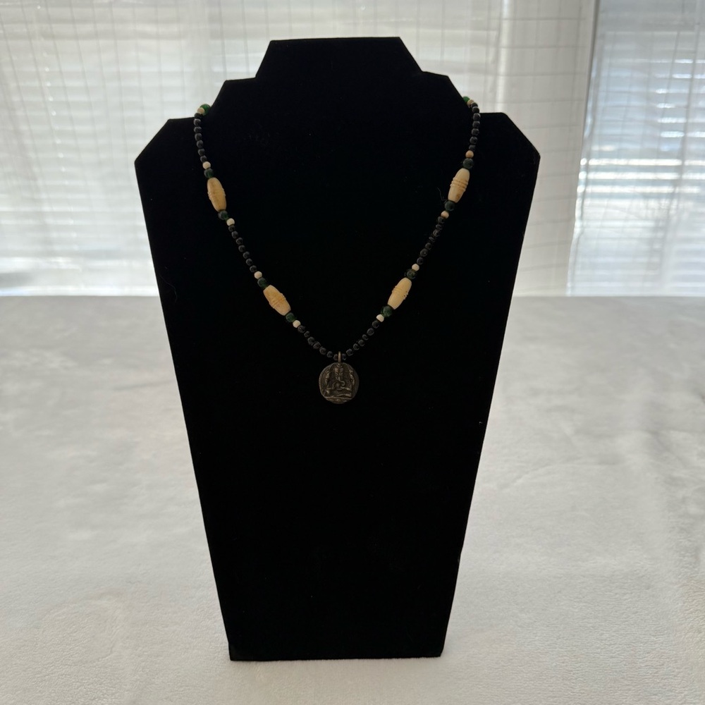 Vintage Tribal Beaded Necklace w/ Carved Bone, Stone Beads & Brass Hindu Pendant